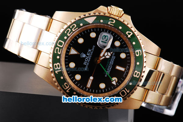 Rolex GMT-Master II Oyster Perpetual Automatic Full Gold with Green Bezel,Black Dial and White Round Bearl Marking-Small Calendar - Click Image to Close